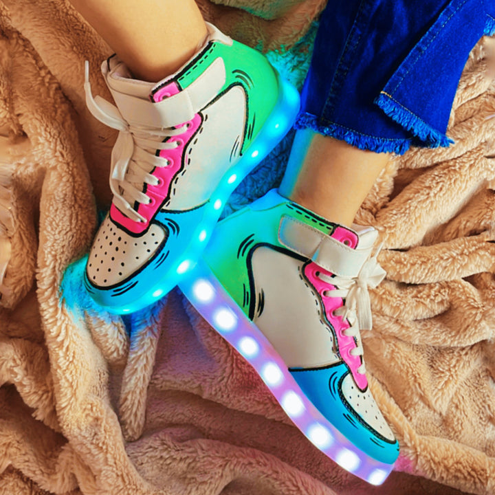 Light Me Up Sneakers - High Top (Color Block-Aqua) - The Quirky Naari