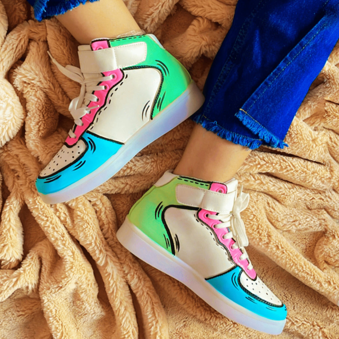 Light Me Up Sneakers - High Top (Color Block-Aqua) - The Quirky Naari