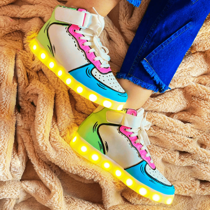 Light Me Up Sneakers - High Top (Color Block-Aqua) - The Quirky Naari