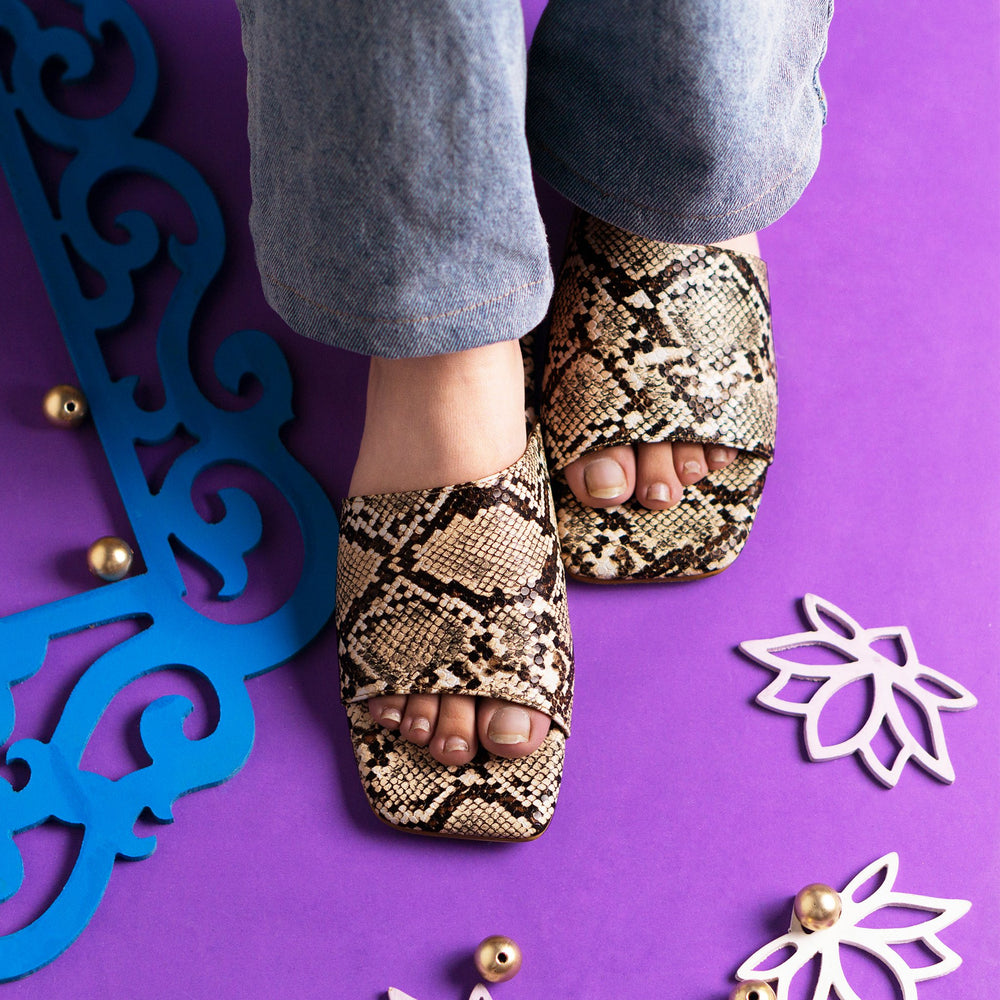 Snake Textured Sliders- Beige - The Quirky Naari